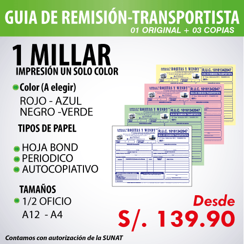 Imprime tus comprobantes de pago en Florez Mercado Contadores- Guia de remisión Transportista
